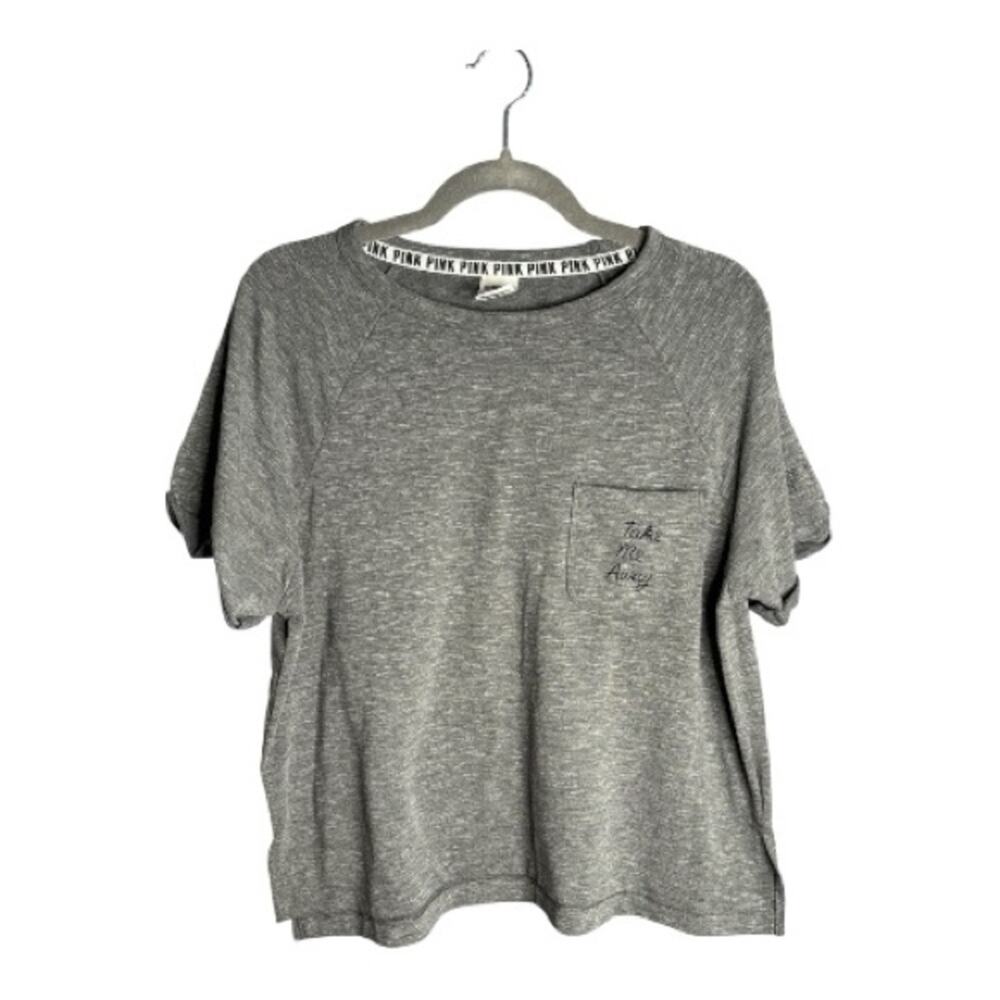 PINK Victoriaโs Secret Gray Crewneck Pocket Tee Take Me Away Medium